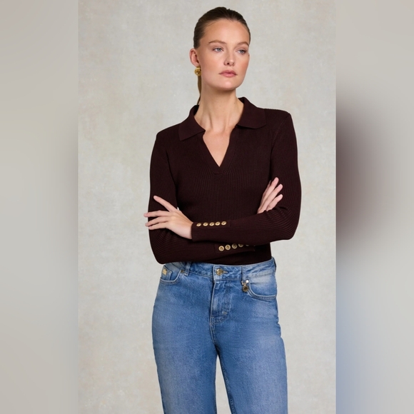 Holland Cooper V-Neck Rib Top in chocolate brown. - Picture 2 of 11